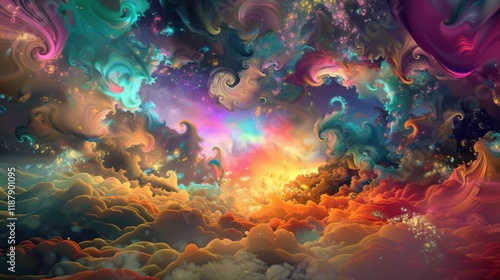 a fantastical abstract wonderland brimming with vibrant hues and surreal shapes, surrounded by a spacious white space for text