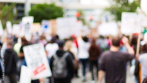 Crowd of Protestors Blur – A blurred crowd of protestors holding signs, illustrating civil unrest.

