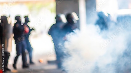 Smoke Grenade Blur – A blurred image of a smoke grenade released during a riot.
 photo