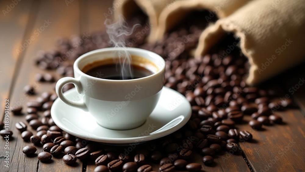 Steaming Coffee Cup Surrounded By Roasted Coffee Beans Steaming Coffee Cup Surrounded By Roasted Coffee Beans