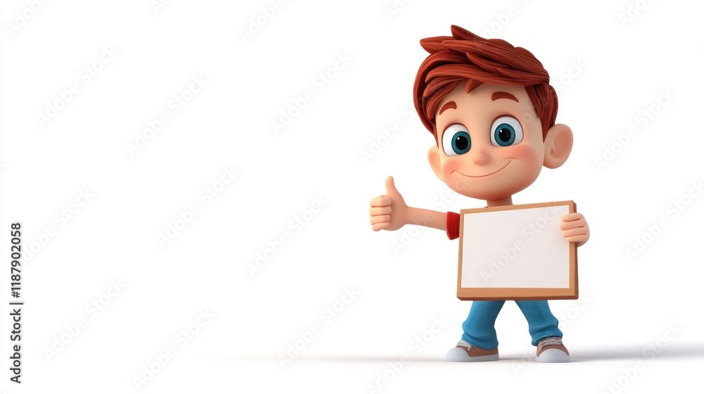 Happy cartoon boy holding blank sign, thumbs up. (2) Happy cartoon boy holding blank sign, thumbs up. (2)