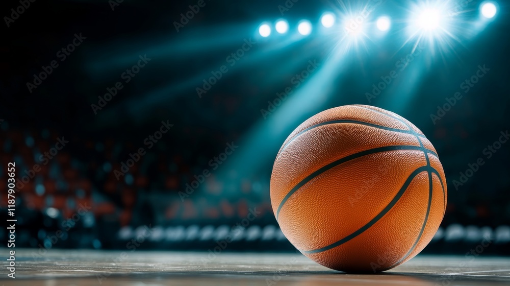 Basketball sitting on basketball court in the spotlight Basketball sitting on basketball court in the spotlight