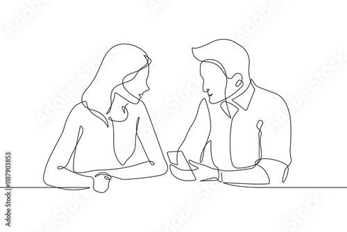 Woman and Man Talking Continuous One Line Drawing. Work Process Minimal Black One Line Drawing on White Background. Business Concept Abstract Linear Sketch Drawing. People Modern Design. Vector EPS 10