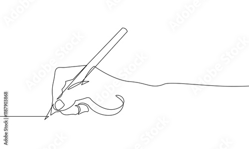 Continuous One Line Drawing of Hand Writing. Vector One Line Illustration Concept for Business and Education Design. Writing Process Minimalist Black Sketch Isolated on White Background.