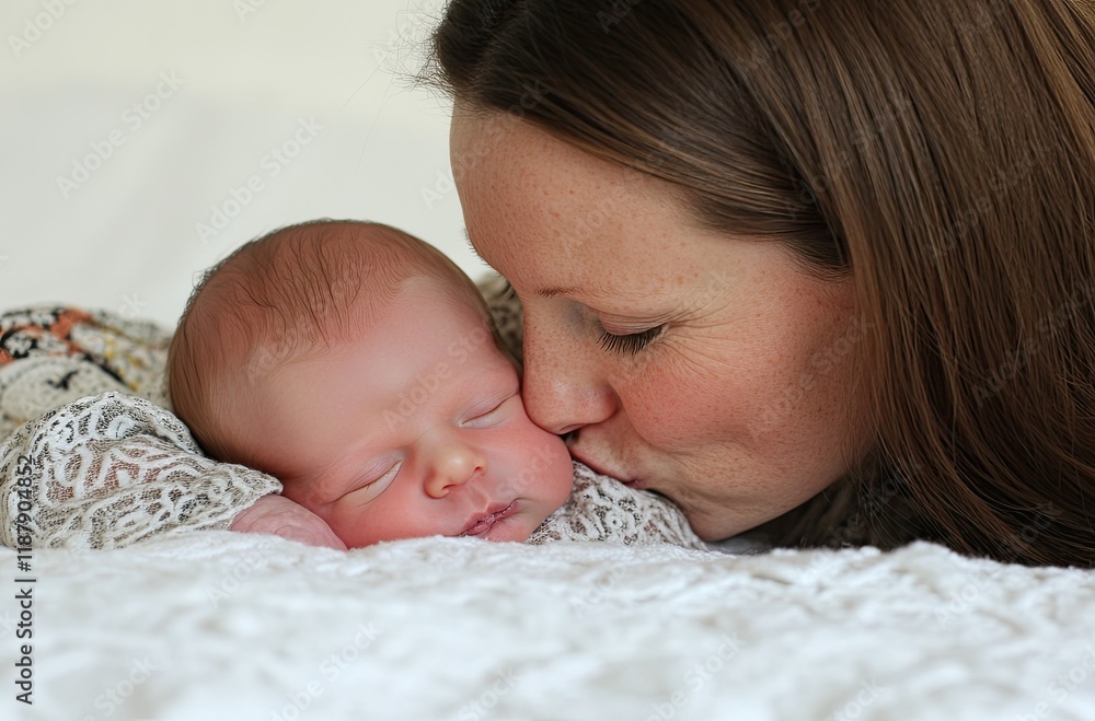 a mother kissing her newborn baby on the forehead, both in white , lying together on an elegant bed with a soft blanket against a pure background a mother kissing her newborn baby on the forehead, both in white , lying together on an elegant bed with a soft blanket against a pure background