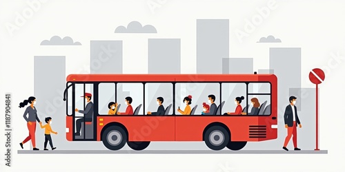 Flat design illustration showing a red bus with passengers, pedestrians walking nearby, and an urban skyline. Ideal for urban commuting, public transportation, and modern city concepts.