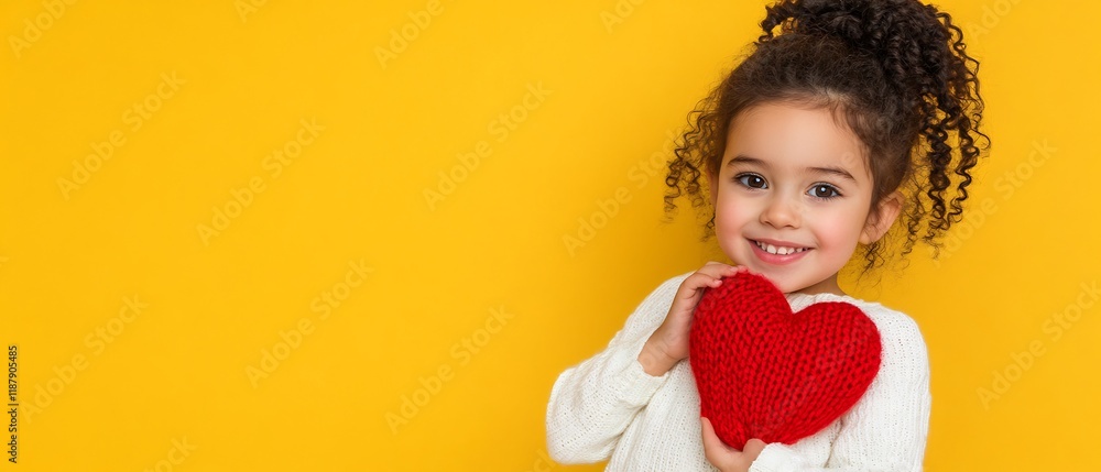 Happy girl holds red heart, yellow background. Valentine's card Happy girl holds red heart, yellow background. Valentine's card