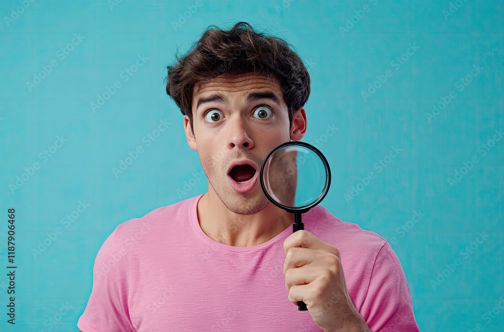 A man looking through a magnifying glass, with a surprised expression on a blue background A man looking through a magnifying glass, with a surprised expression on a blue background