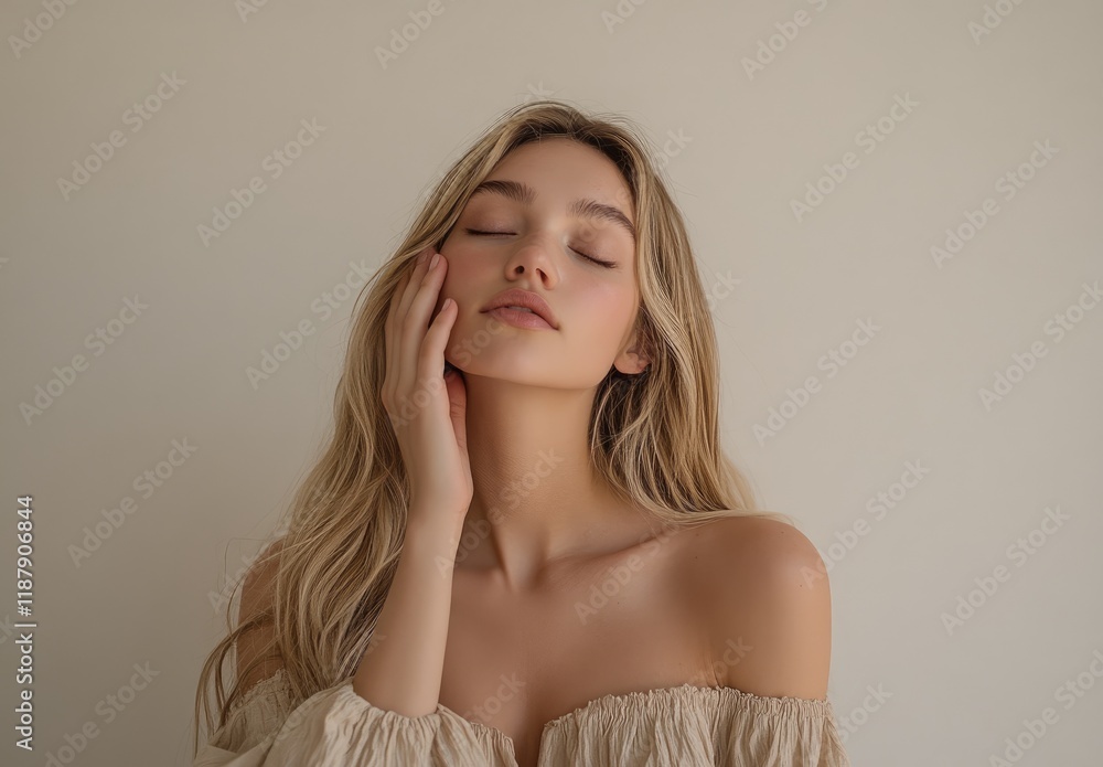 Beautiful young woman with straight blonde hair, perfect clear skin gently touching her face on a white background Beautiful young woman with straight blonde hair, perfect clear skin gently touching her face on a white background