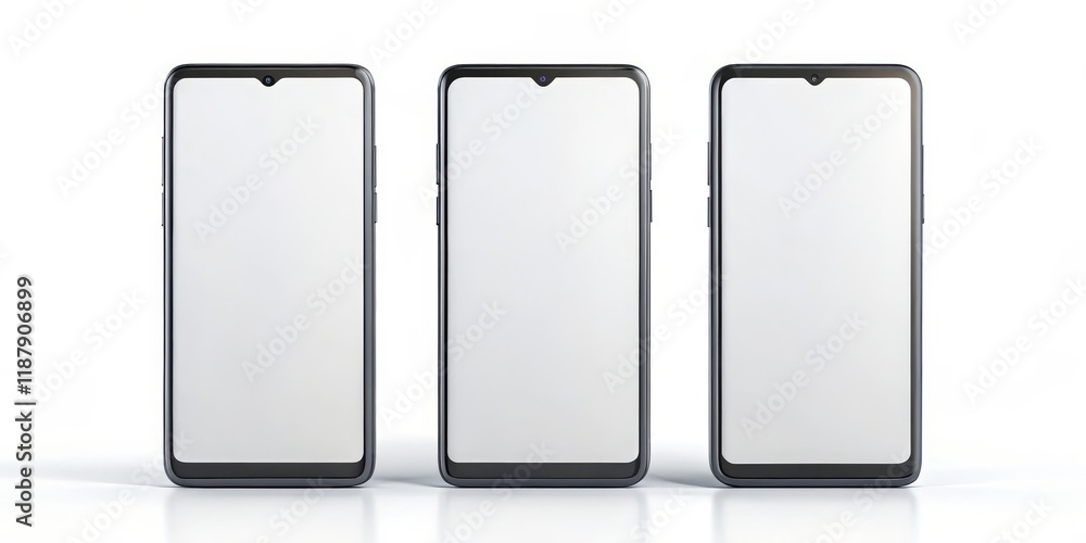 Three Black Smartphones with Blank Screens, Mockup, Phone, Technology Three Black Smartphones with Blank Screens, Mockup, Phone, Technology