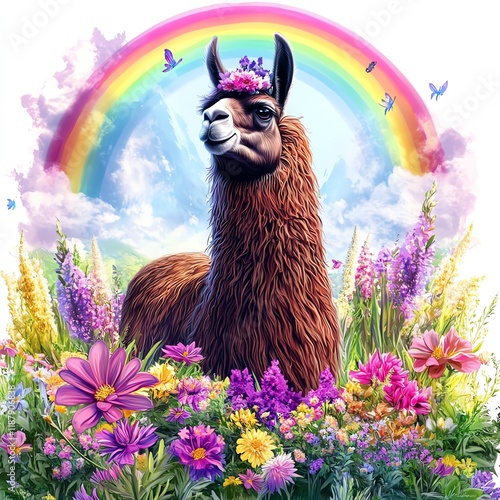 A colorful llama adorned with flowers in a vibrant garden under a rainbow.