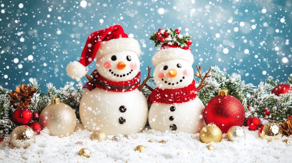 Merry christmas and happy new year greeting card with copy-spaceHappy snowman standing in christmas landscapeSnow backgroundWinter fairytale Merry christmas and happy new year greeting card with copy-spaceHappy snowman standing in christmas landscapeSnow backgroundWinter fairytale