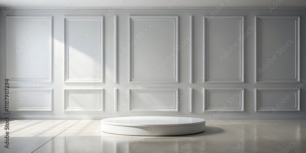 Fototapeta premium White Round Podium Against White Wall with Molding, Product Display , Interior Design