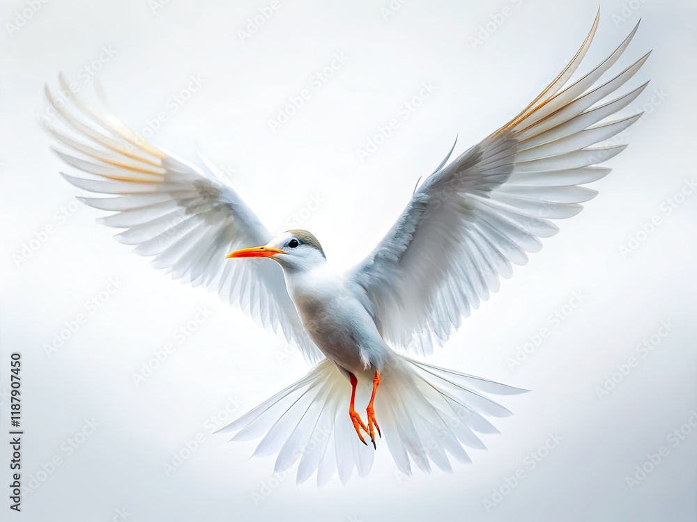 Obraz premium A lone white bird, wings outstretched, frozen mid-flight against a pristine white backdrop.