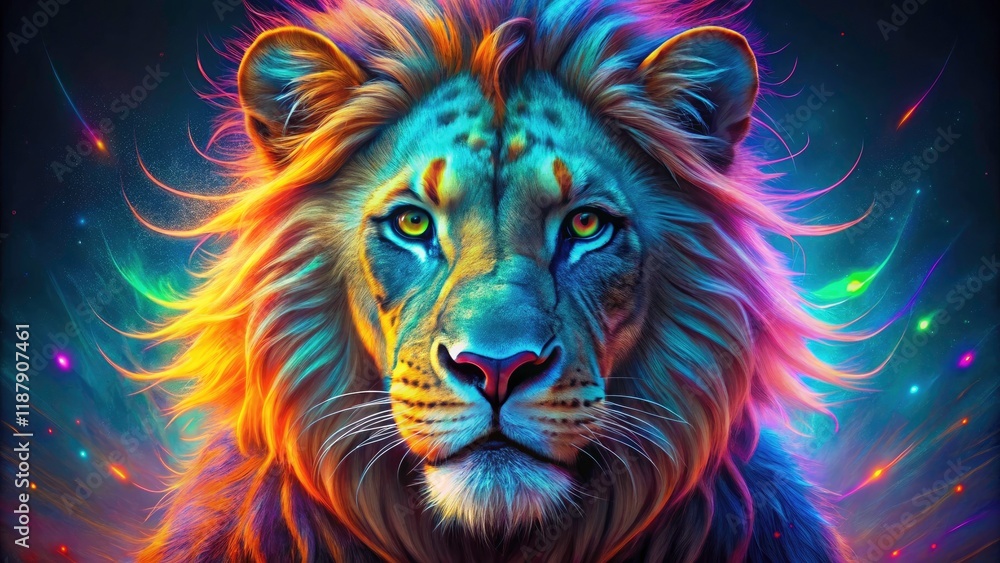 Fototapeta premium A 3D close-up: neon lion explodes with vibrant fluorescent color in this macro wildlife art photograph.