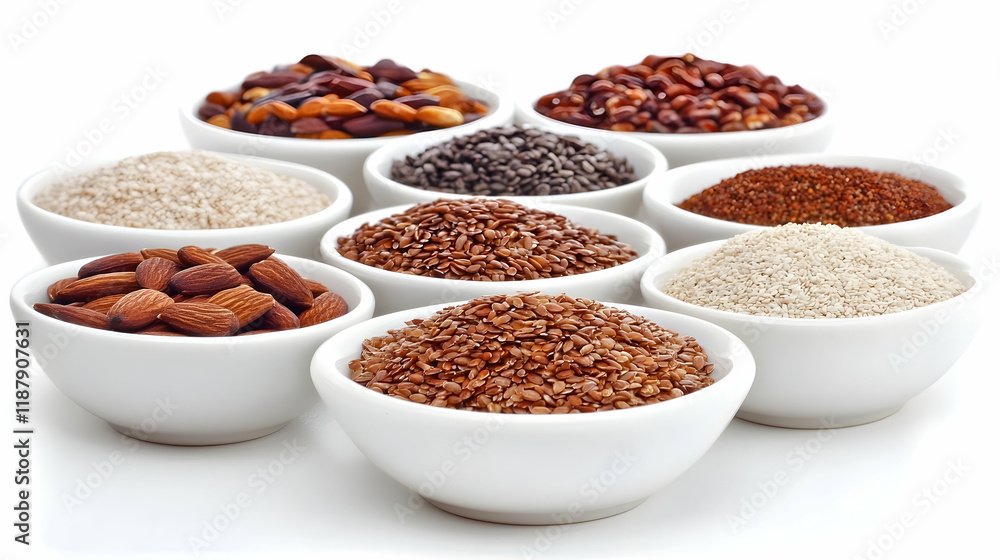 Assorted grains and nuts in bowls on white background, healthy food ingredients, studio shot, recipe concept Assorted grains and nuts in bowls on white background, healthy food ingredients, studio shot, recipe concept