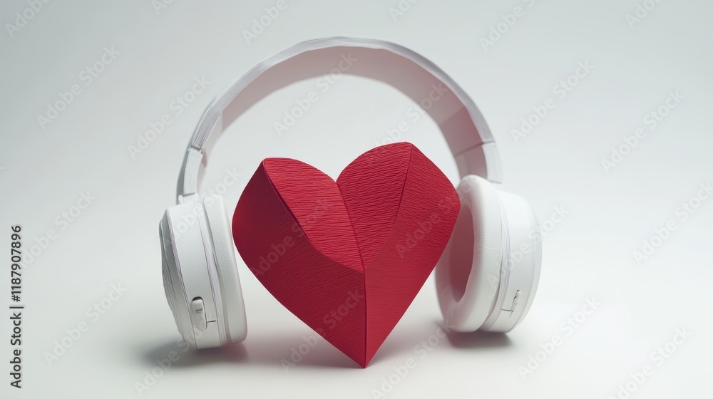 3d red paper heart and white headphones Concept for music festivals radio stations music lovers Live with music Minimal style 3d red paper heart and white headphones Concept for music festivals radio stations music lovers Live with music Minimal style