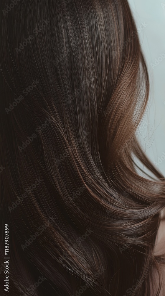 Fototapeta premium Beautiful model girl with Brown hair strand,silky healthy chestnut wavy hair strand,hair wavy ribbon, with smooth,Keratin straightening,Treatment,straight long hair,procedures,Smooth hairstyle.