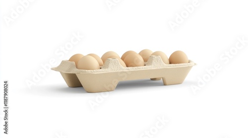 A dozen light brown eggs in a beige cardboard carton isolated on white background. photo