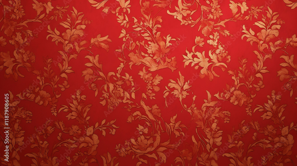 The image features a vibrant red background adorned with intricate golden floral designs