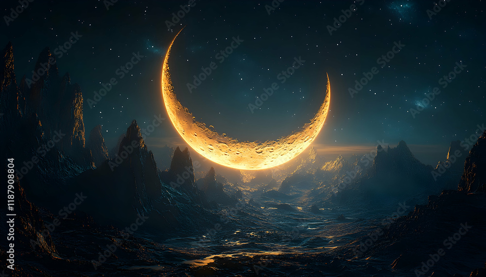 3D Illustration - Crescent Moon over Alien Landscape at Night 3D Illustration - Crescent Moon over Alien Landscape at Night