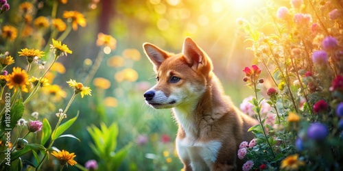 Fototapeta Naklejka Na Ścianę i Meble -  A playful dingo puppy emerges from a lush summer garden in a captivating AI-generated double exposure image.