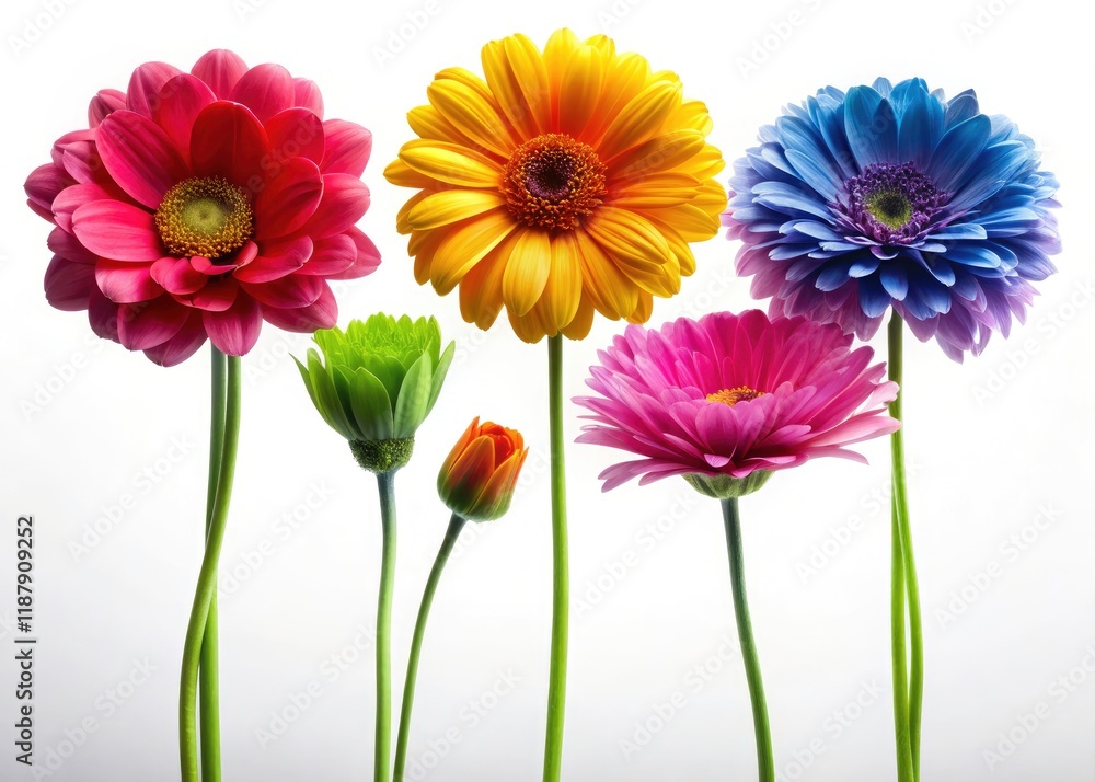 A vertical line of five colorful flower silhouettes, a striking botanical design, elegantly set against white. A vertical line of five colorful flower silhouettes, a striking botanical design, elegantly set against white.