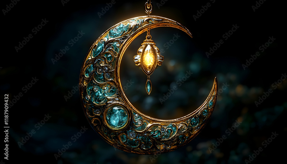 3D Illustration - Crescent Moon Ornament, Gold, Gemstones, Light 3D Illustration - Crescent Moon Ornament, Gold, Gemstones, Light