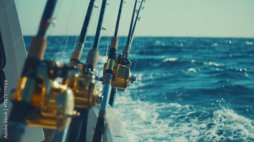 Fishing rods on boat, ocean background. Fishing rods on boat, ocean background.