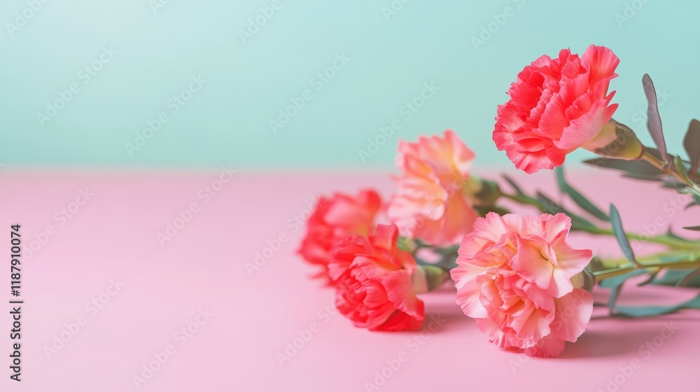 Design concept of Mothers day holiday greeting design with carnation bouquet on pastel pink table background Design concept of Mothers day holiday greeting design with carnation bouquet on pastel pink table background