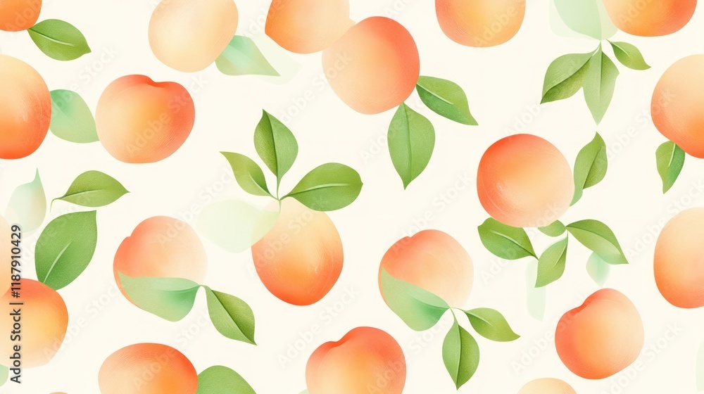 Peach pattern, summer fruit, digital illustration, white background, textile design Peach pattern, summer fruit, digital illustration, white background, textile design