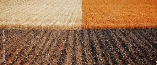 Agricultural field with harvested and unharvested crops divided by plowed soil. photo