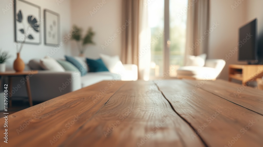 Fototapeta premium A rustic wooden table in the living room with a couch, armchair, and TV in the background