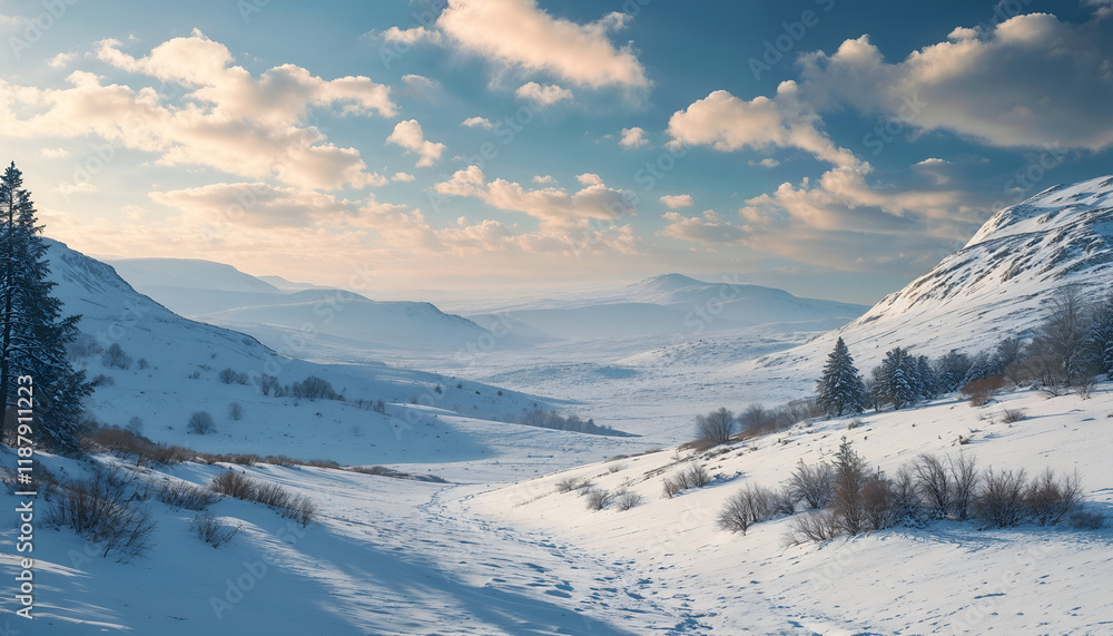 Snowy Mountain Pass: A tranquil winter scene, bathed in the golden light of a breathtaking sunrise. The snow-covered mountains and frosted trees create a picture of serene beauty. Snowy Mountain Pass: A tranquil winter scene, bathed in the golden light of a breathtaking sunrise. The snow-covered mountains and frosted trees create a picture of serene beauty.