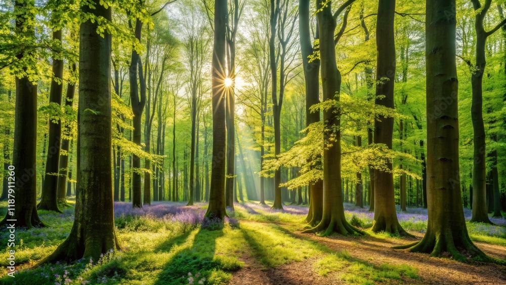 Obraz premium Dappled sunlight paints a spring beech forest, showcasing fresh green leaves and a vibrant woodland floor.