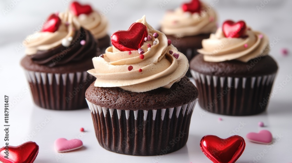 Tasty chocolate cupcakes for Valentines Day on white background Tasty chocolate cupcakes for Valentines Day on white background