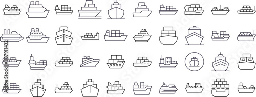 Bundle of Ship Related Line Icons. Outline Signs for Graphic and Web Design, Apps, Adverts, Various Cards