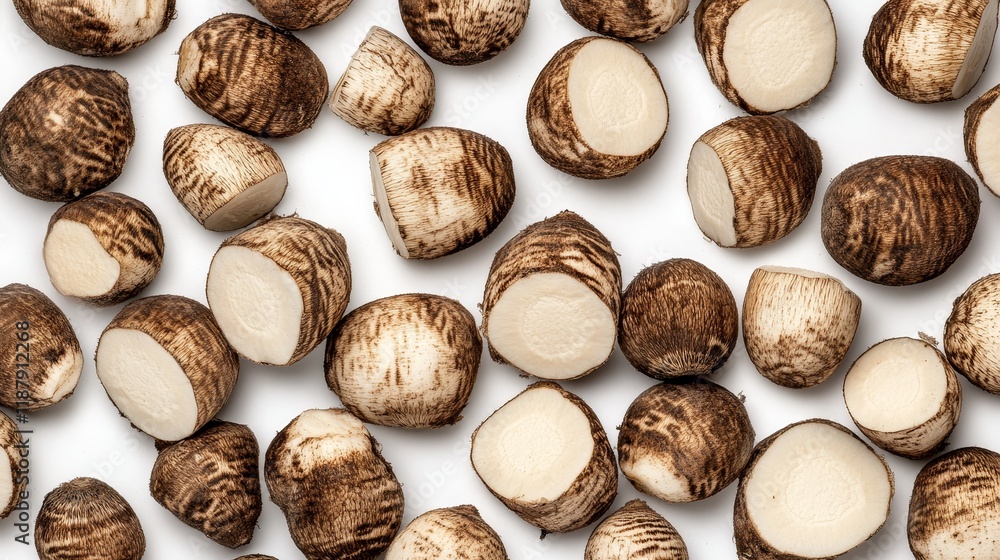 Fresh taro roots with brown patterned skin and white flesh on white background