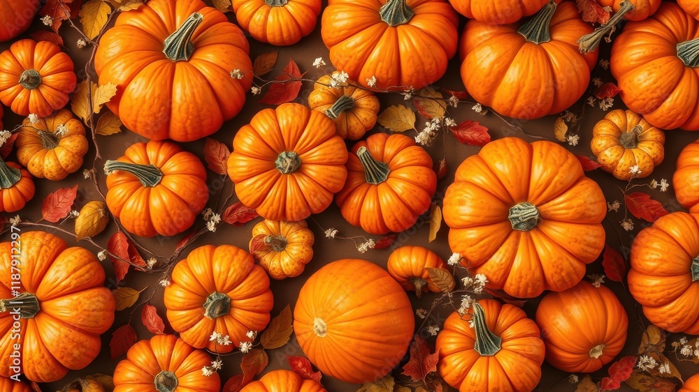 A vibrant autumnal display of pumpkins, their smooth orange skin catching the light, nestled amongst fallen leaves and delicate white blossoms, creating a rustic and festive scene. A vibrant autumnal display of pumpkins, their smooth orange skin catching the light, nestled amongst fallen leaves and delicate white blossoms, creating a rustic and festive scene.