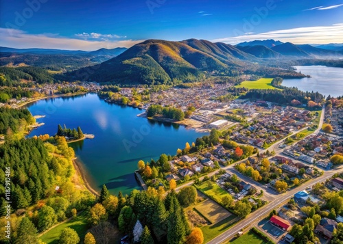 Drone captures breathtaking Quamichan Lake, Duncan, BC's jewel in the Cowichan Valley, Vancouver Island. photo