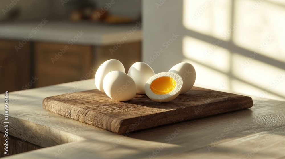 Soft-boiled eggs on wooden board in sunlit kitchen. Soft-boiled eggs on wooden board in sunlit kitchen.