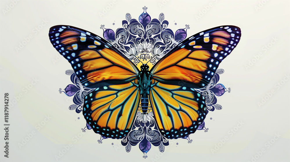 Obraz premium Vibrant monarch butterfly with intricate mandala patterns in the background, set against a bright backdrop