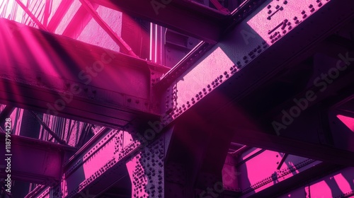 Sunlight and shadows in high contrast on steel beam NYC infrastructure color graded in viva magenta photo