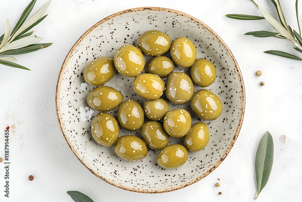 Green olives with leaves on white background Green olives with leaves on white background