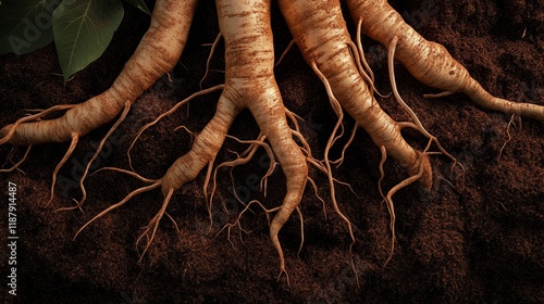 Intricate network of tree roots in rich soil with green leaves