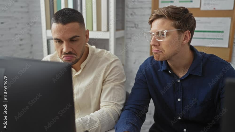 Men working together in an office while having a serious discussion, captured indoors with a computer, documents, and office equipment enhancing the business atmosphere Men working together in an office while having a serious discussion, captured indoors with a computer, documents, and office equipment enhancing the business atmosphere
