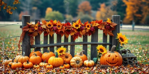 Fototapeta Naklejka Na Ścianę i Meble -  Autumnal fence adorned with vibrant sunflowers and plump pumpkins, creating a picturesque scene of rustic charm and seasonal splendor.