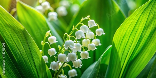 Panoramic Close-Up of Delicate White Lily of the Valley Flowers photo