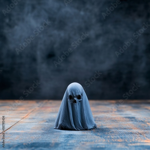 Spooky Halloween Ghost Skull  Grey Cloth  Dark Background  Mystical  Eerie  Horror  Supern photo