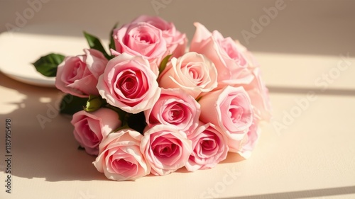 A delicate bouquet of pink roses bathed in soft sunlight, arranged on a warm-toned surface with a subtle shadow cast by a nearby plate.